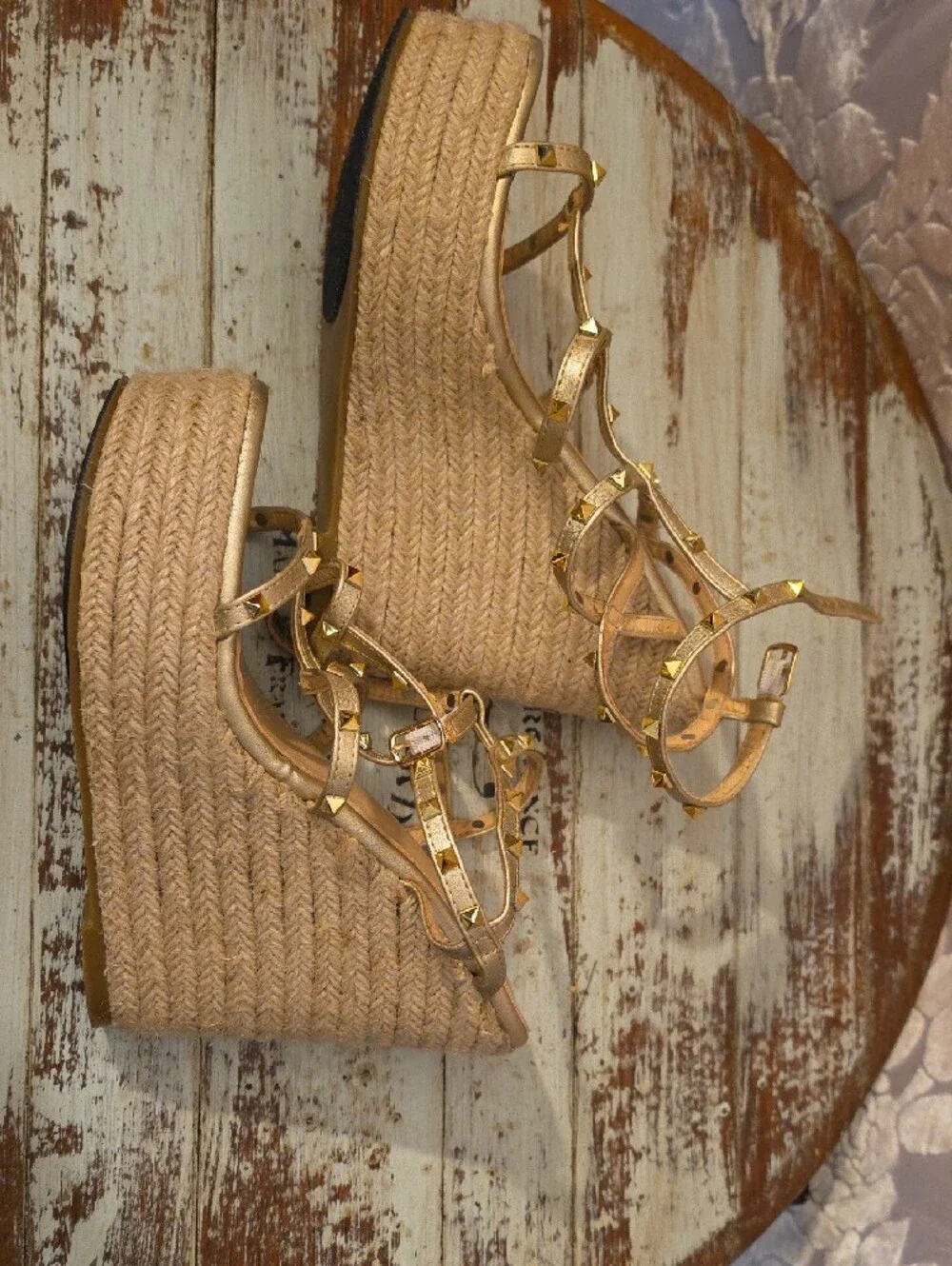 Gold Studded Espadrille Wedge Sandals - Women